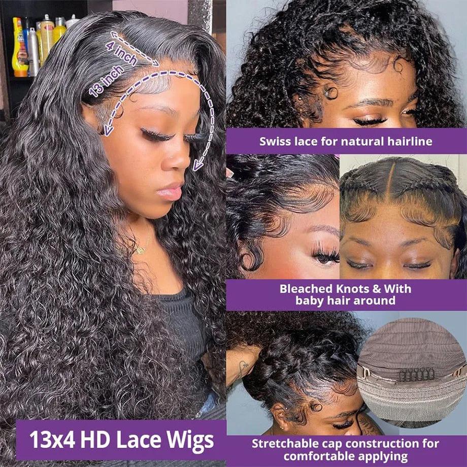 Human Hair Deep Wave 13x6 Lace Frontal Wig Natural Color For Black Women 13x4 Lace Front Human Hair Wigs Deep Wave Lace Front Wig Pre Plucked 180% Density