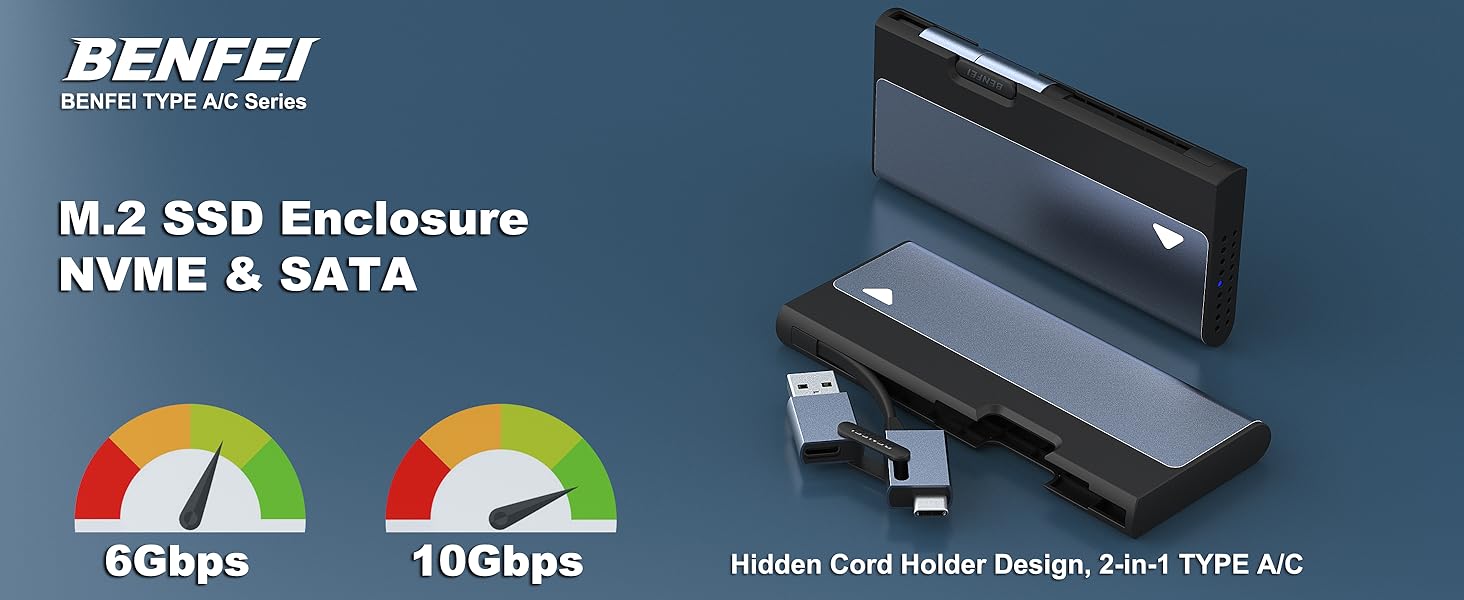 BENFEI M.2 NVME SATA SSD Enclosure, 10 Gbps USB C/A  Key Solid State Drive Enclosure Support UASP Trim for NVME/SATA SSDs 2230/2242/2260/2280