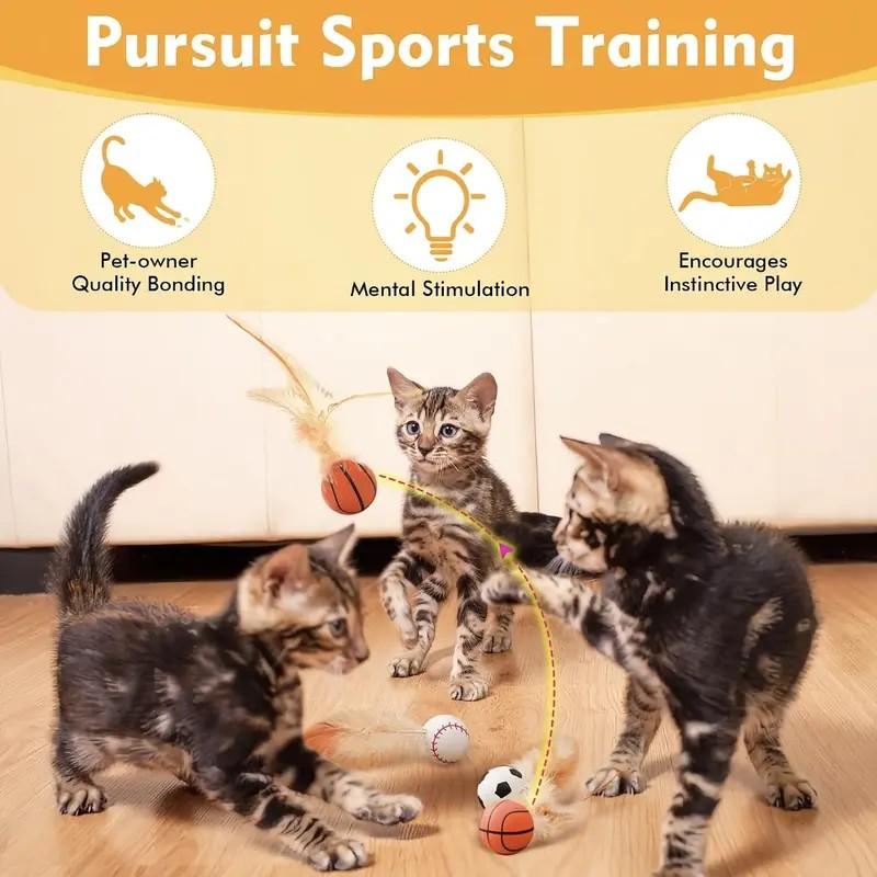Interactive Cat Toys Set, New Elastic Ball with Feather Tail, Soccer Basketball Baseball Shapes, Indoor Chase Game, Essential Cat Toy