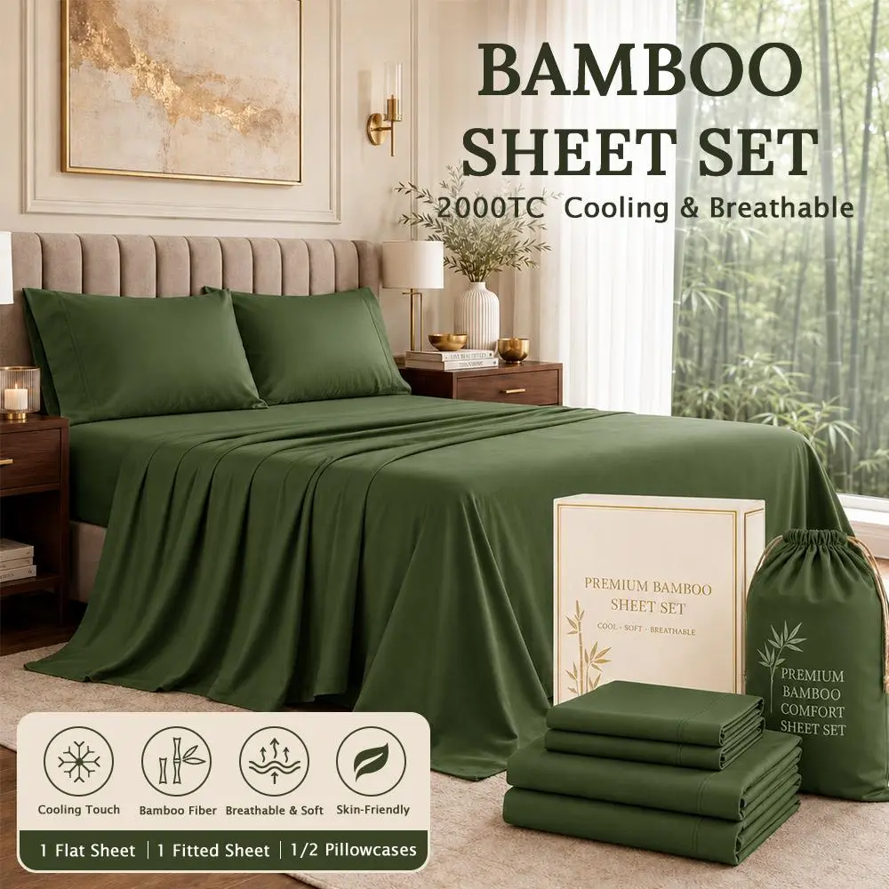 OS OMYSTYLE 3/4PCS Ice Cooling Bamboo Sheet Set, 2000TC Breathable & Comfortable, Anti-Wrinkle Bedding, Extra 14''Deep Pocket, Twin, Full, Queen, King, Suitable For Hot Summer, Luxury Sheets Set, Include 1 Flat Sheet, 1 Fitted Sheet, 1/2 Pillowcases