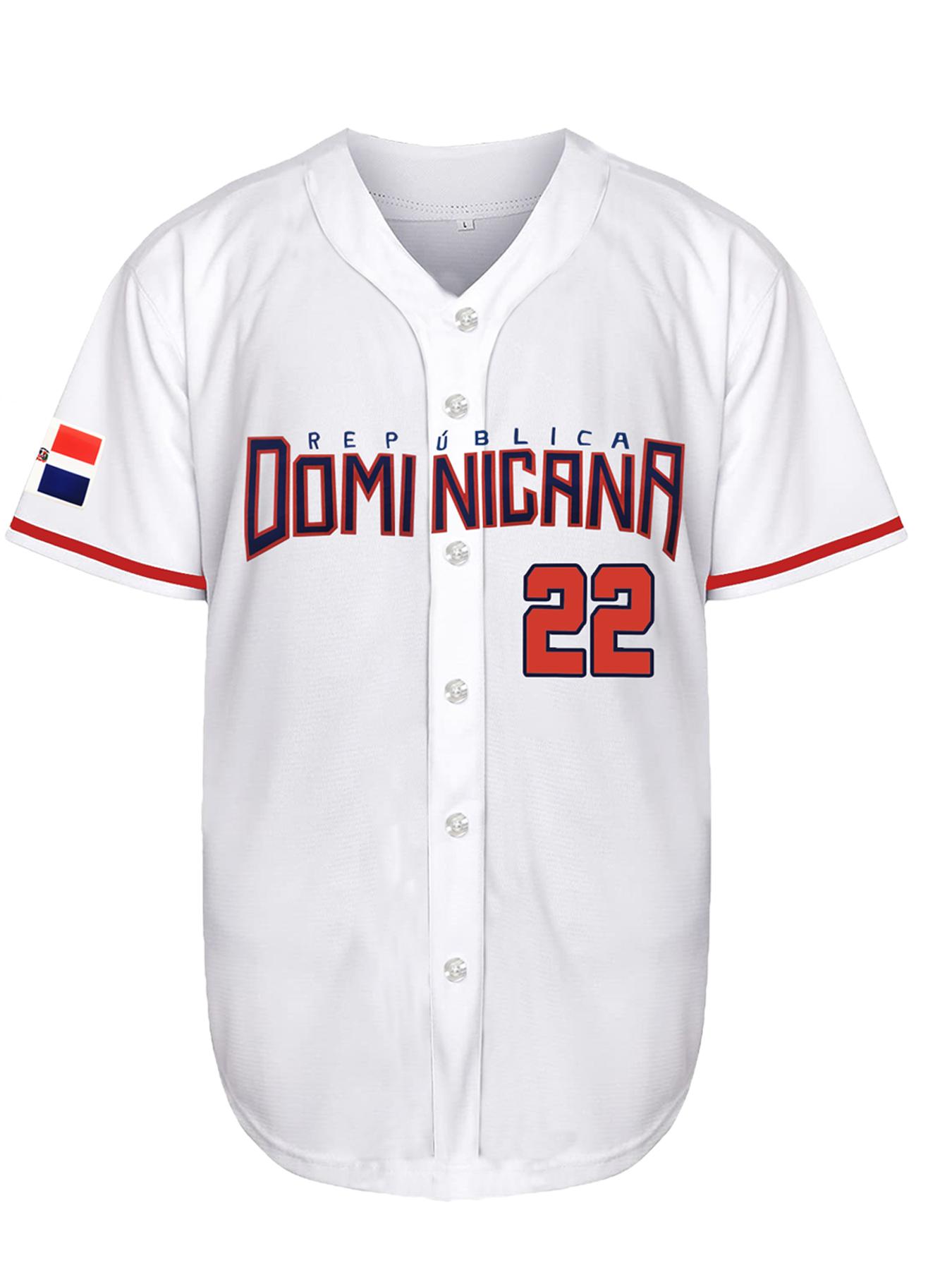 Men's Letter & Number Stitched Button Front Baseball Jersey, Stylish Jersey, Casual Loose Short Sleeve V Neck DOMINICANA 22 Baseball Top for Fall & Winter, Baseball Christmas Gifts, Apparel Jersey