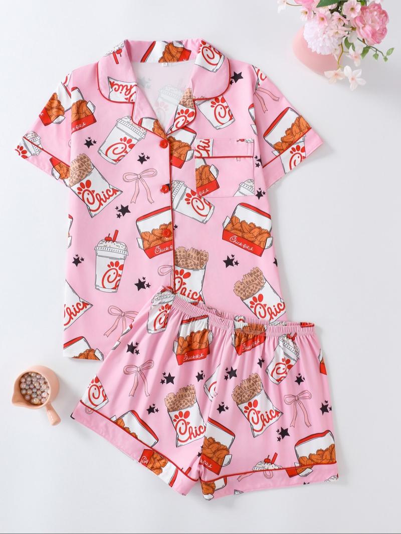 2-Piece Vegetable Print Women's Pajama Set, Button-Up Short Sleeve Top and Comfortable Shorts, Elegant Sleepwear for All Seasons
