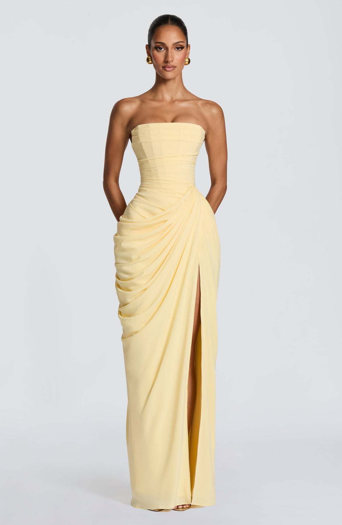 2026 European and American New Style Asymmetrical Pleated Sexy High-Slit French Romantic Strapless Pleated Slit Dress
