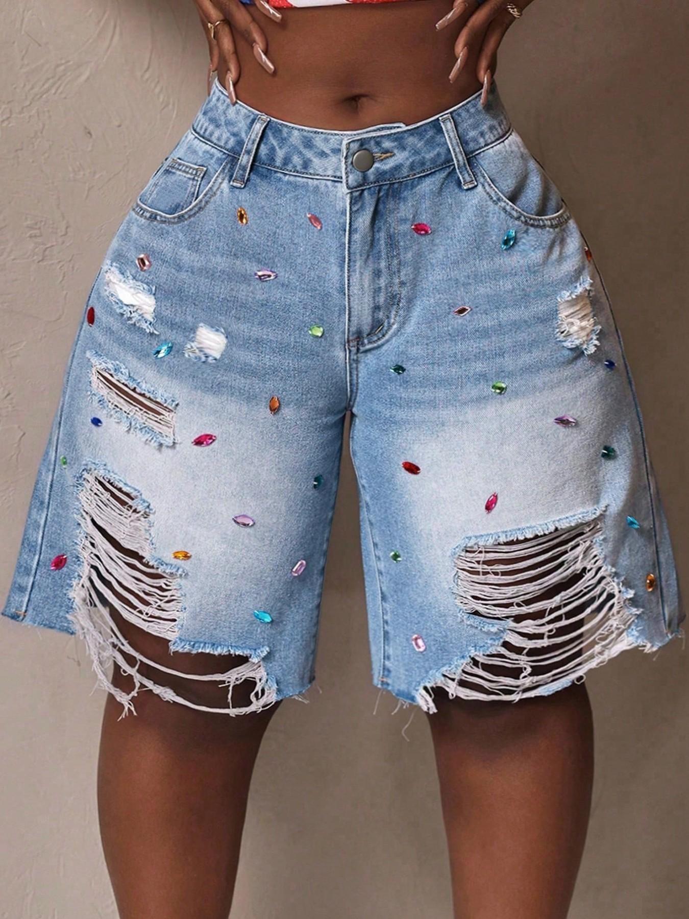 Women's Plus Size Denim Mid-Thigh Pants, Spring Summer Fashion Ripped Design, Loose-Fitting Casual Wear, Trendy New