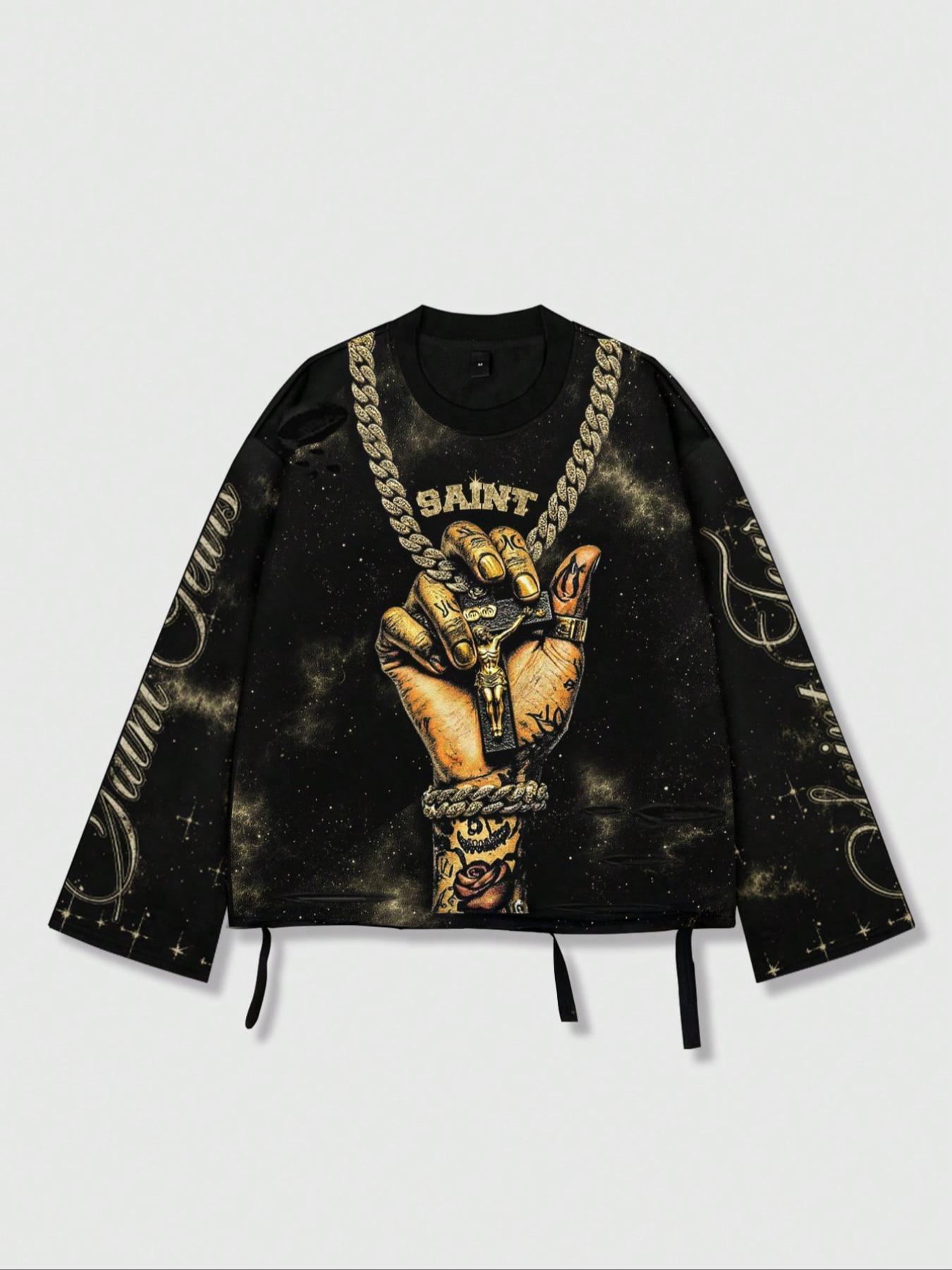 Men's Vintage Street Style Saint Graphic Print Long Sleeve Round Neck T-Shirt, Loose-Fitting Short Fit, Fall 2000s Fashion