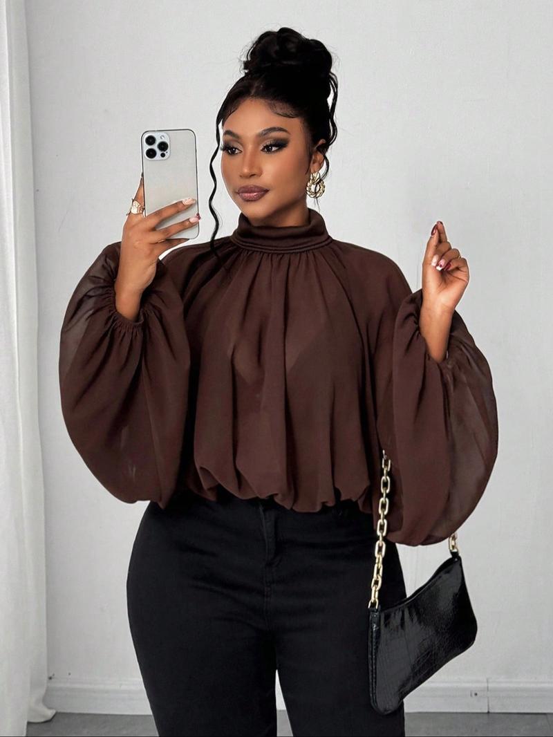 Women's Casual Fashion Top, Pure Color Stand Collar Lantern Sleeve Ruched Design, Spring & Fall Women's Clothing