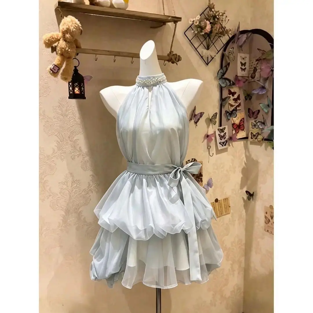 Coquette Princess Vintage Halter Neck Light Blue Pearl Beaded Tiered Cake Mini Dress Women Bow Belt Slim Fit Party Daily Wear