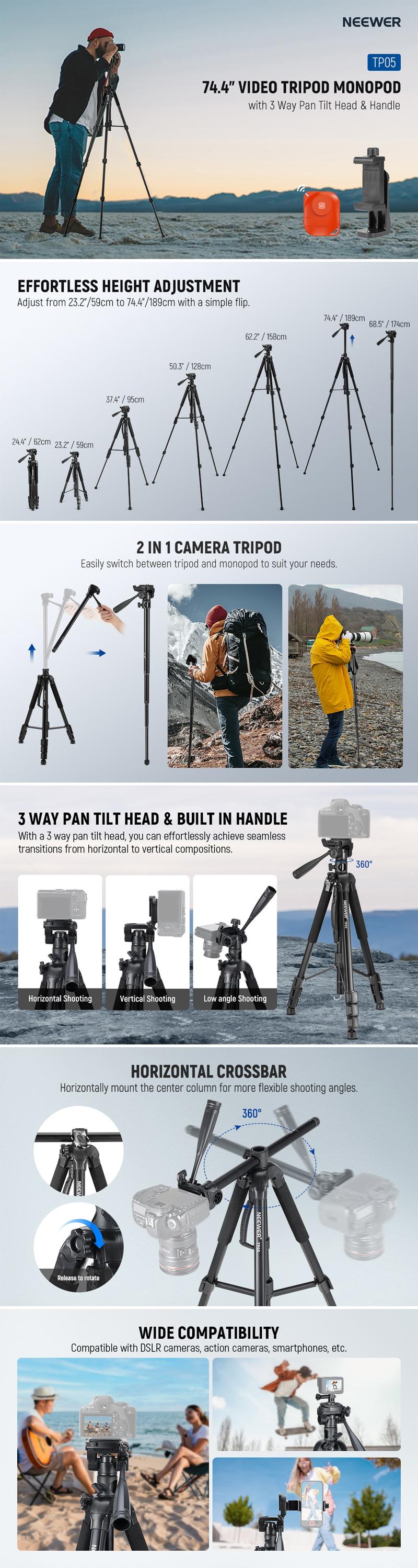 NEEWER BASICS TP05 74.4" Video Tripod Monopod