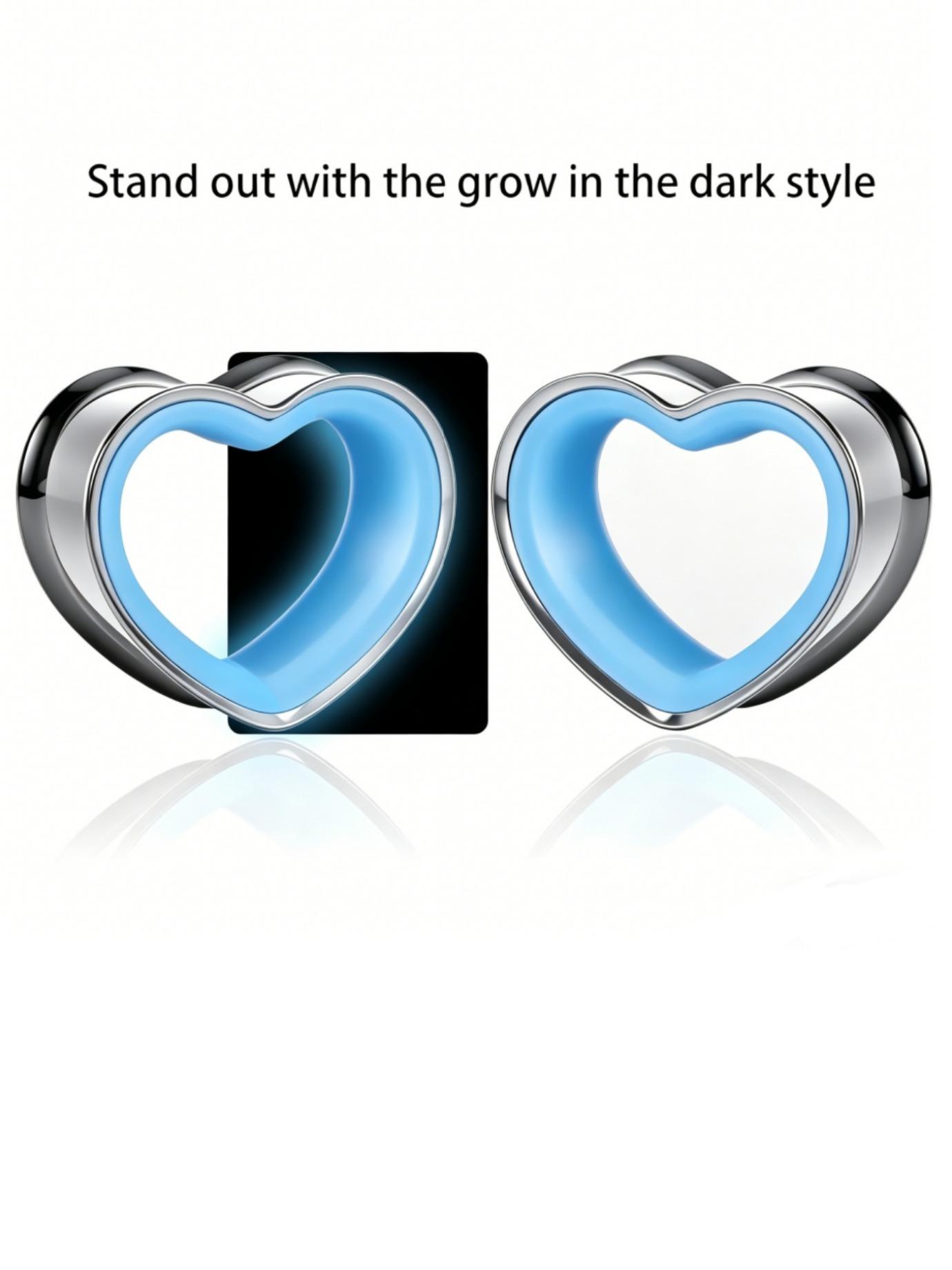 vanku 2pcs Glow in the Dark Heart Shaped Ear Gauges, 316L Stainless Steel, Hypoallergenic, Double Flared, Luminous Piercing Jewelry for Women Men