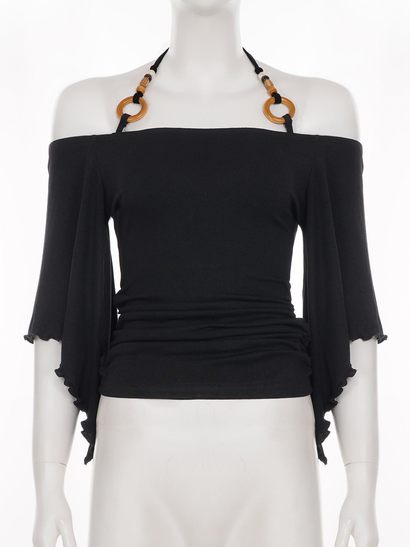 Women's Y2K Style Halter Top with Ring Decoration, Flowy Bell Sleeve, Casual Elegant Classy Retro Slim-Fitting T-Shirt for Dates and Parties
