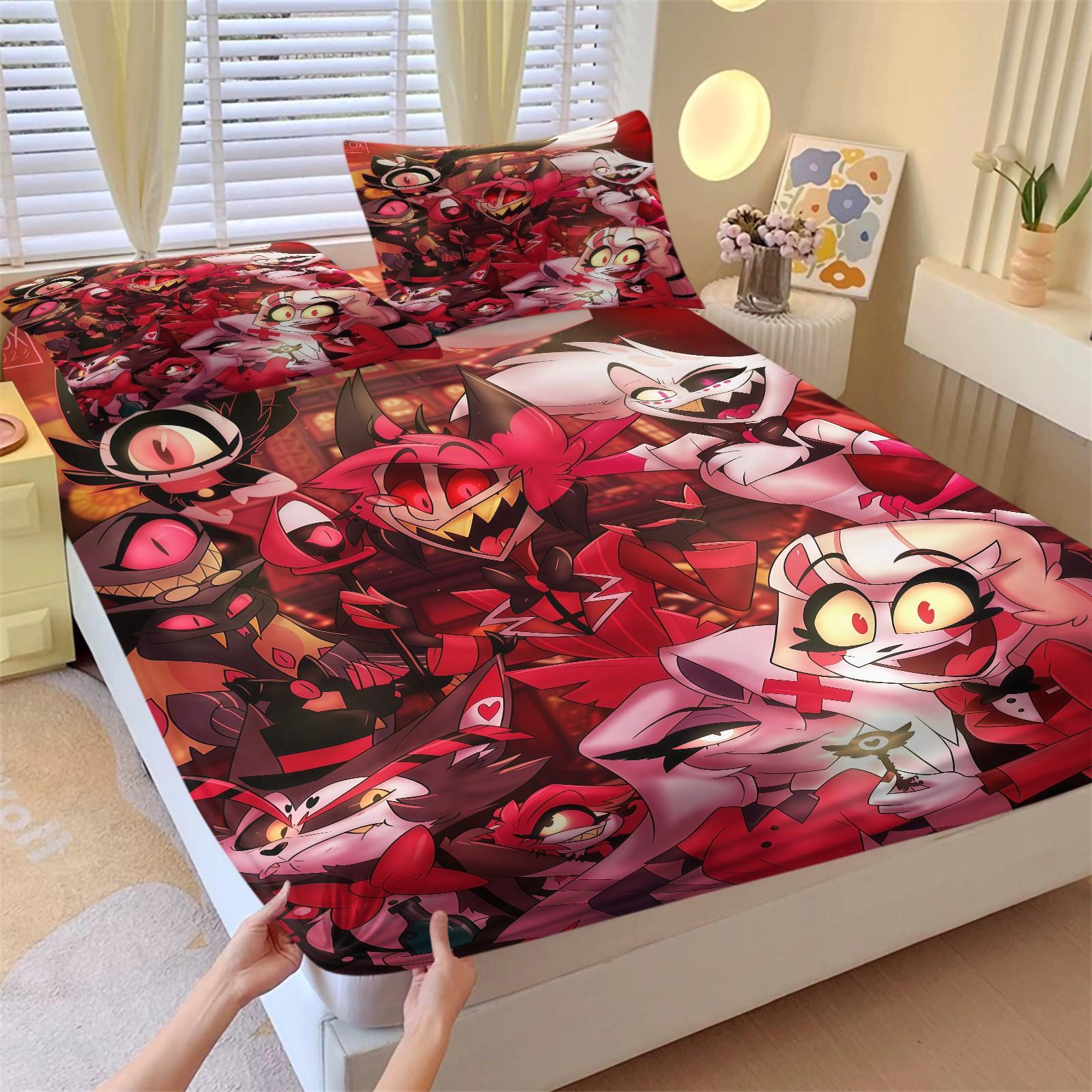 3 Piece Hazbin Hotel Pattern Fitted Sheet Set, Soft And Durable Bedding Set Bed Sheets Includes 1 Piece Flat Sheet And 2 Pieces Pillowcases, Daily Holiday Birthday Gift Bedroom Decorations For Kids And Adults, Bedsheet Sets