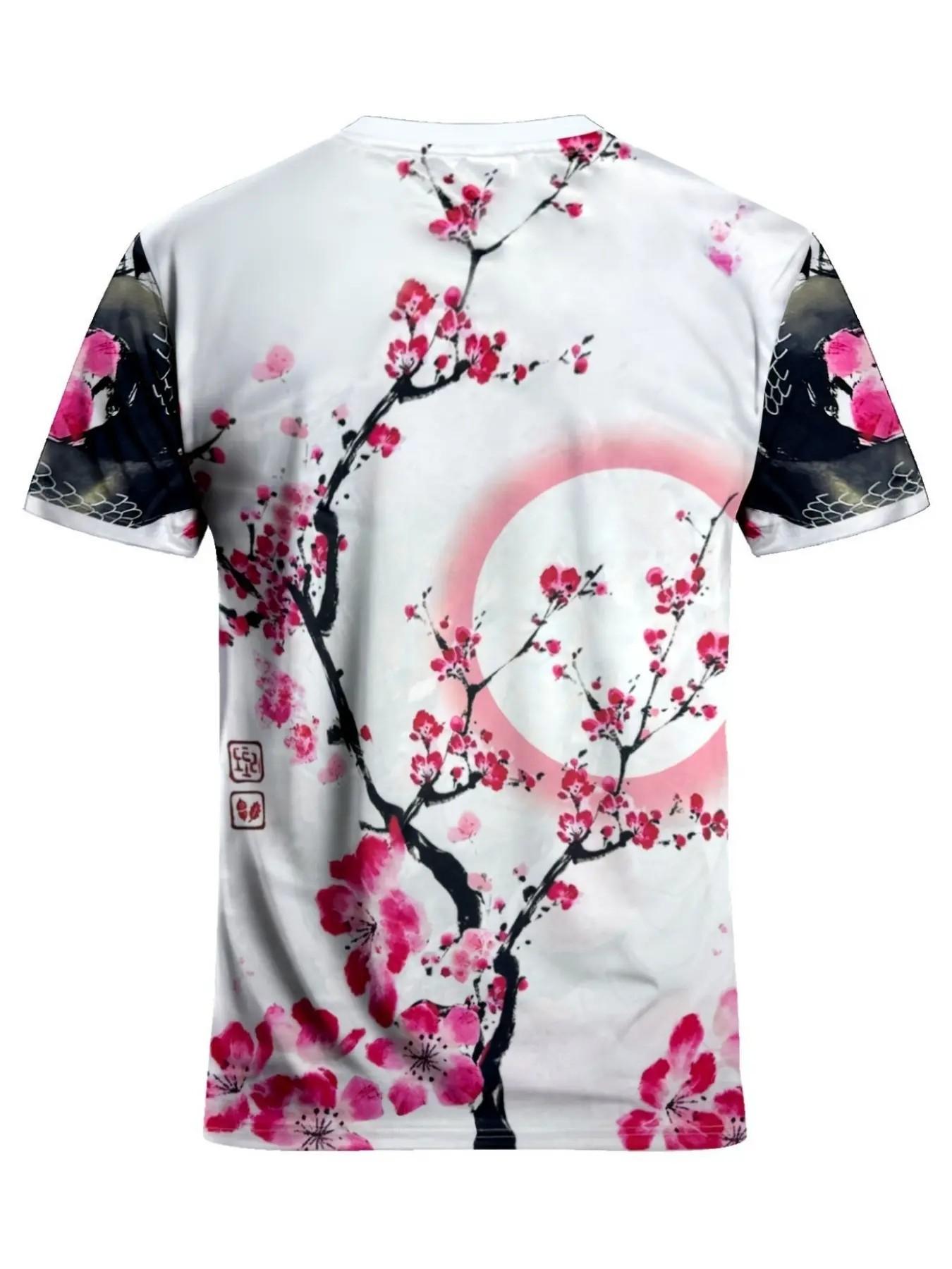 Men's Japanese Dragon Cherry Blossom Ink Wash Print T-Shirt, Asian Street Style Round Neck Short Sleeve Top, Sporty Loose Fit Geometric Pattern