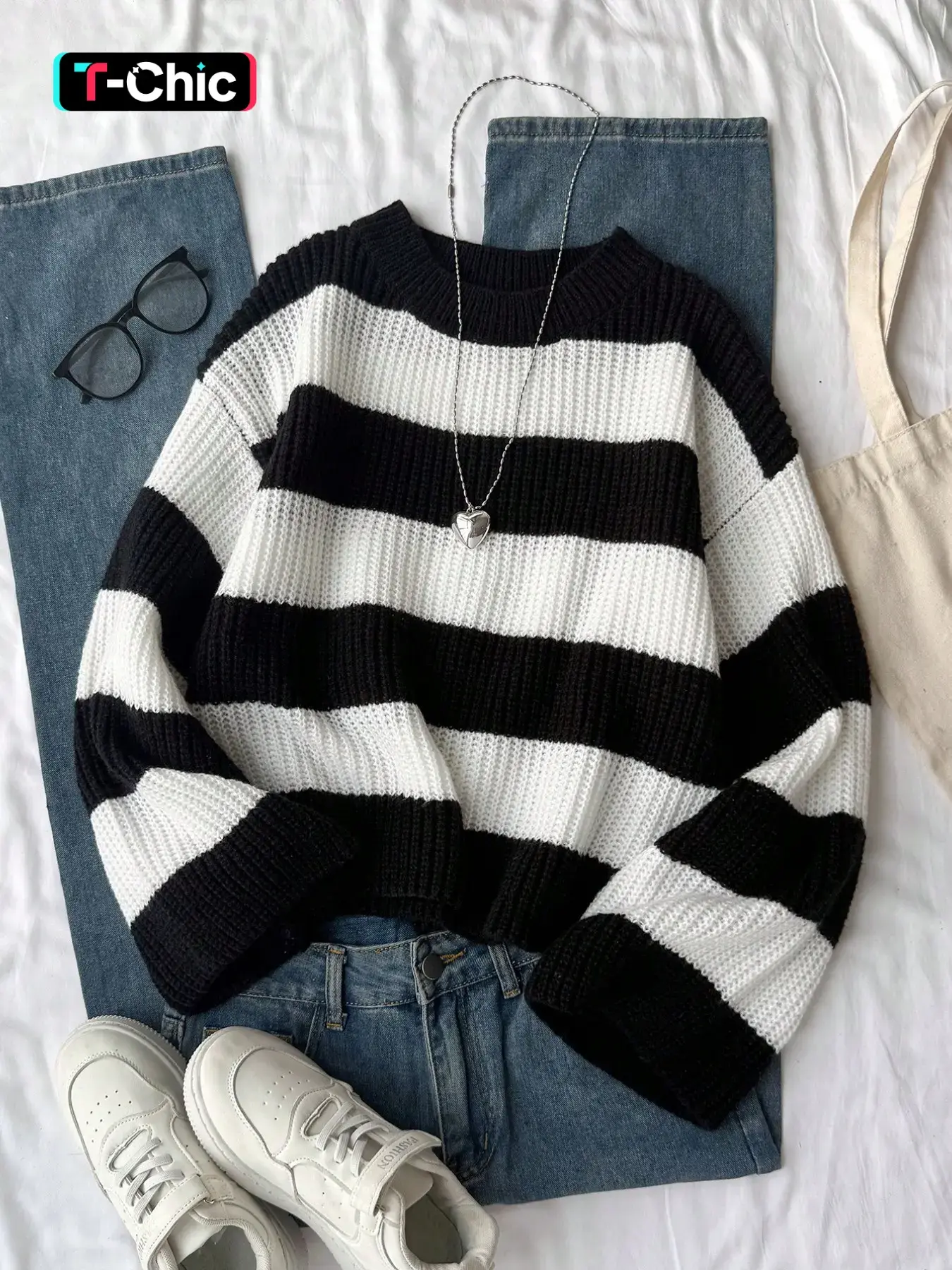 Patchwork Fall Winter Women's Striped Sweater, Casual Knitwear Top, Cozy Pullover for Autumn & Winter, Trendy Ladies' Clothing