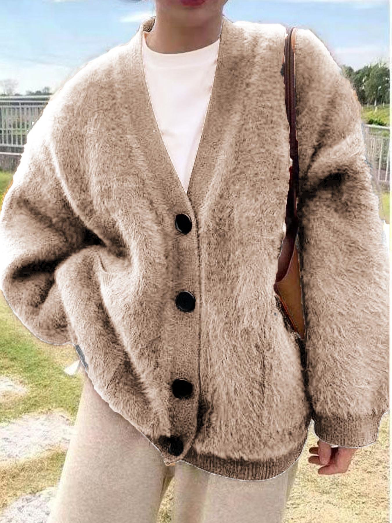 Women's Solid Button Front Pocket Drop Shoulder Fuzzy Sweater Cardigan, Casual Long Sleeve V Neck Cardigan for Daily Wear, Ladies Knitwear for All Seasons