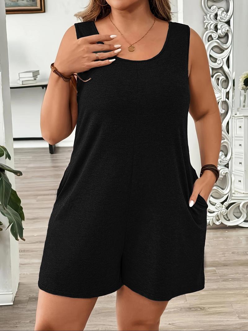 【Plus Size】 Solid Color Sleeveless Romper, Casual Comfy Romper for Summer, Women's Plus Clothing for Daily Wear