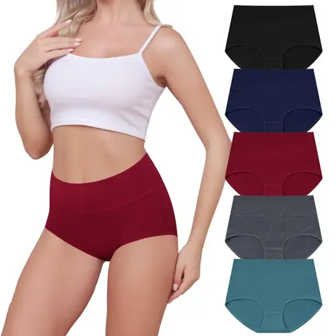 LEVAO Women's Cotton High-Waisted Hipster Panties 5-Pack - Breathable Lingerie for Women, Soft Full Coverage Basics with Spandex, Foldable Cheeky Style, Comfortable, Sizes S-XXL, Ideal for Tight Jeans (Family & Dresses Compatible)