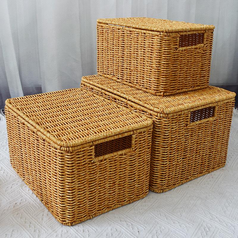 Woven Storage Basket, 1 Count Rattan Storage Box with Lid, Desktop Storage Basket for Home Living Room Bedroom, Home Organizer