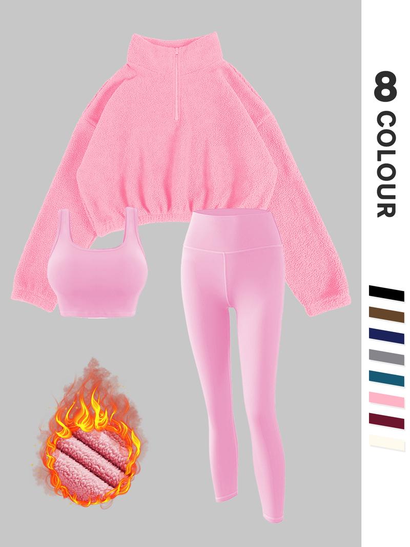 Women's Fleece-Lined Tracksuit Set, Cozy 3-Piece Outfits For Gym, Ideal Valentine'S Gift