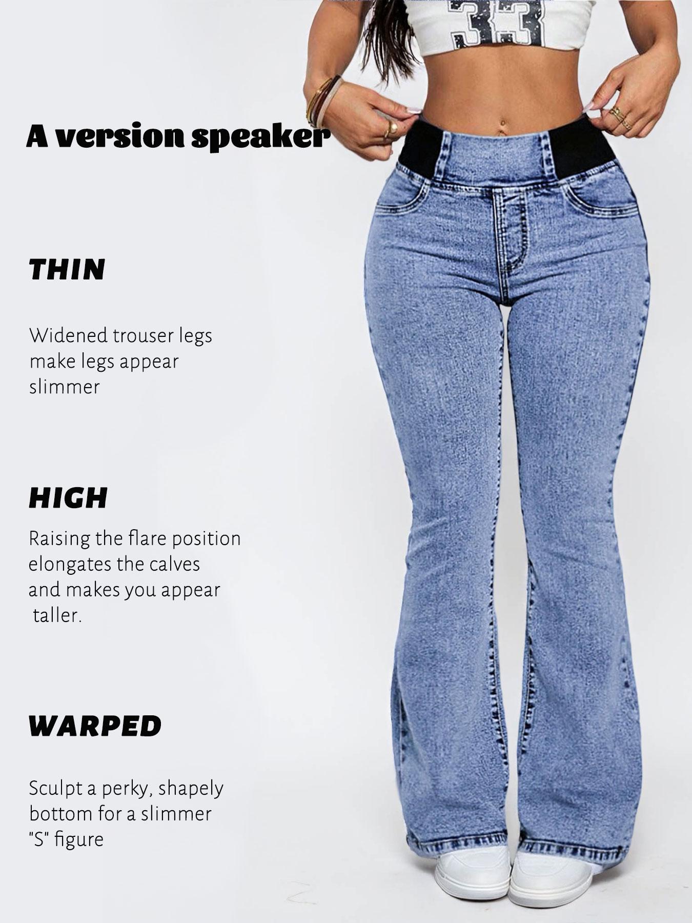 GILIPUR Y2K 2026 Women's Back Shirred Jeans, Pants, Mid-High Waist Elastic Waist Flared Jeans, With Pockets, Light Blue Washing Process, Waist-Cinching Design, Yes Denim, Bootcut Jeans, T-Chic