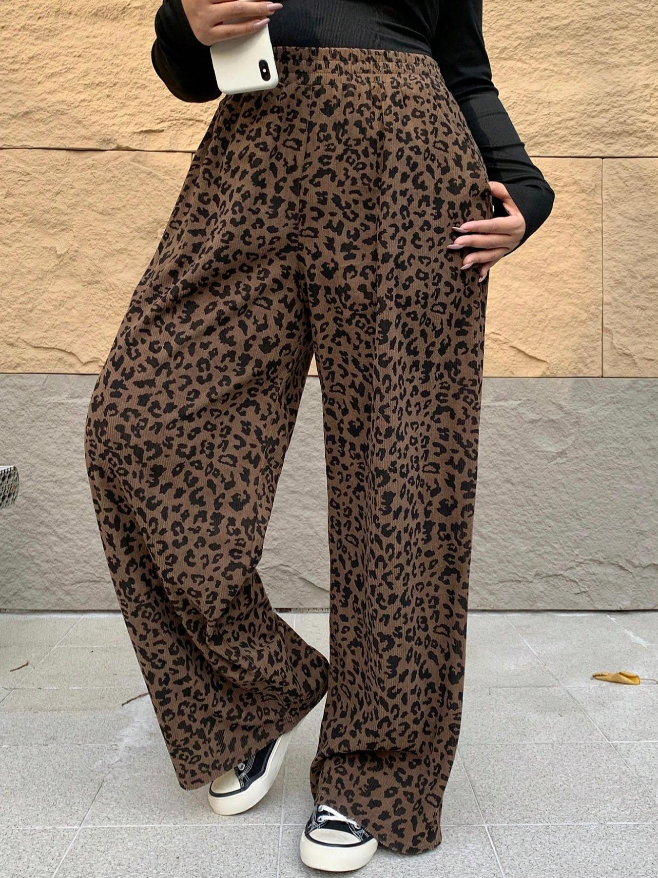 Plus Size Women's Loose-Fit Leopard Print Corduroy Pants with Elastic Waistband, Coffee-Colored Long Pants for All Seasons, Perfect for Back to School and Casual Dates, Casual Fashion Pants