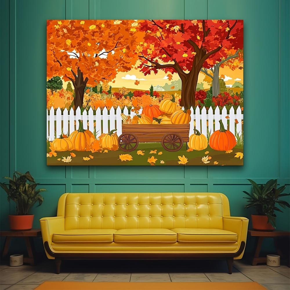 2D Flat, 2D Flat Banner, 1pc Rustic Autumn Photography Backdrop - Autumn Maple Trees with White Fence and Pumpkin Carriage, Vibrant Thanksgiving Harvest Background, Photo Booth Prop, Party Decorat