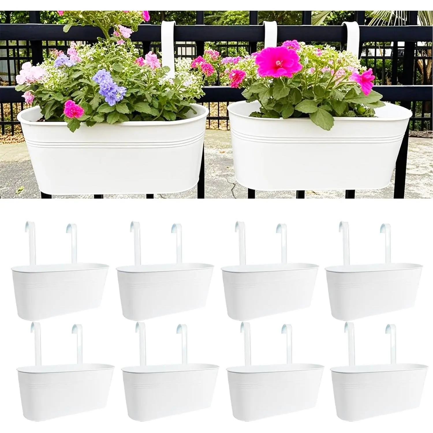 17" Hanging Metal Railing Planter with Detachable Hook, Oval White, 8 Pack | Rust-resistant, Anti-fading, Drainage hole, For railing / porch / balcony / patio / deck, For blooms / strawberry / veggies