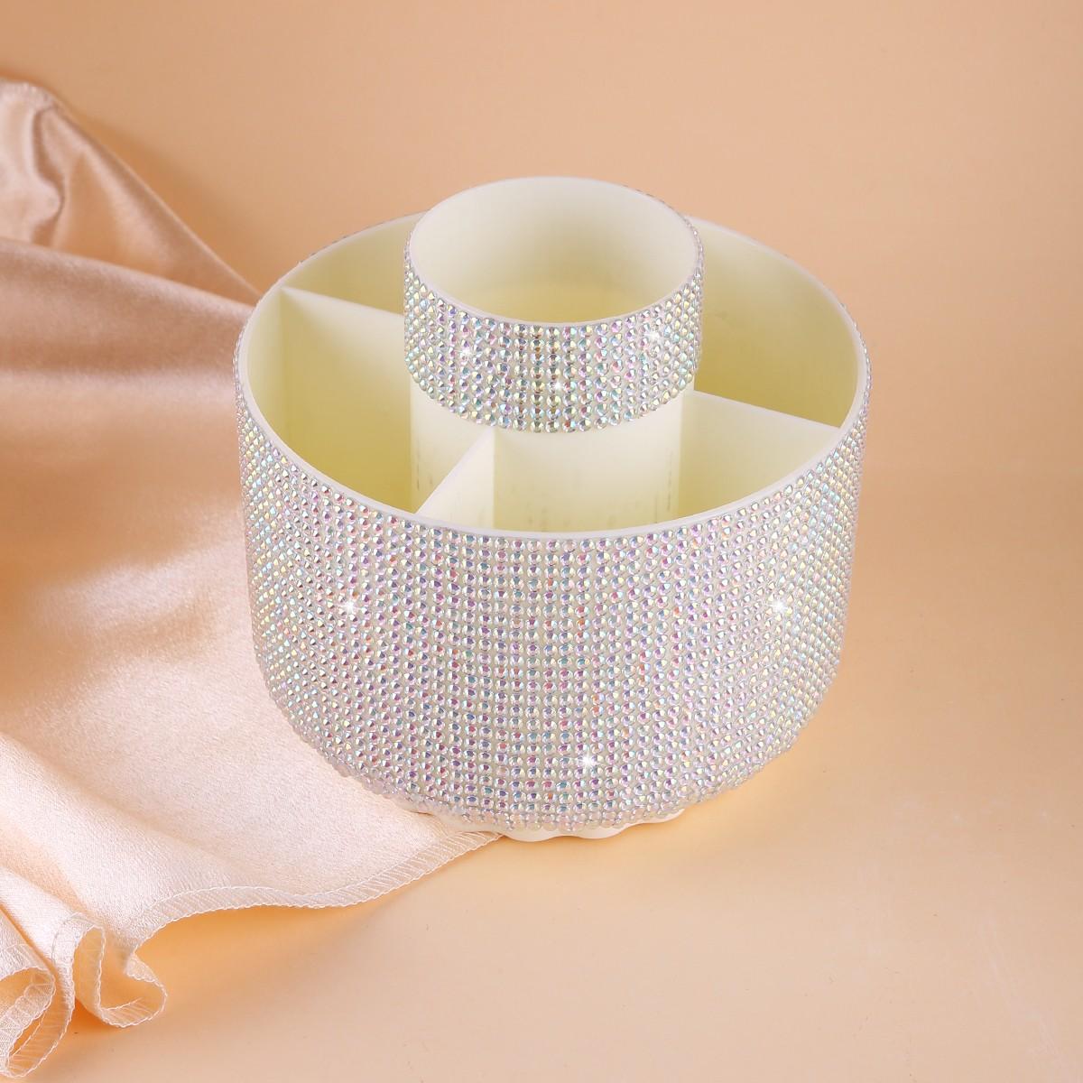 Luxury Rhinestone Makeup Brush Holder Storage Box, 360° Rotating Cosmetic Organizer with Multiple Compartments, Suitable for Women and Girls