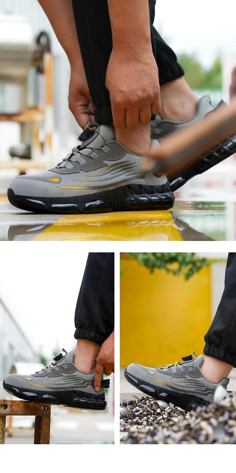 QINGRUIPAI Men's Breathable Mesh Work Sneakers Durable Anti-Slip Safety Shoes with Steel Toe Protection Comfort Fit for All Seasons Casual Striped Design Elastic Closure Non-Slip EVA Sole Outdoorfun Fathersdaygift