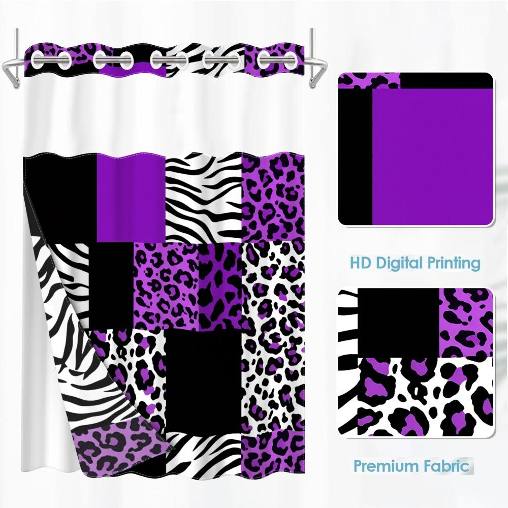 1pc hookless shower curtain with buckle lining, purple, black, white, leopard and zebra print patchwork design, 2D flat printing, waterproof fabric lining, see-through double-layer shower curtain, 71 x 74 inches, modern home draping curtain.