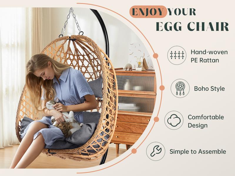 LHBcraft Wicker Rattan Hanging Egg Chair with Stand, 350lbs Weight Capacity, Hanging Basket Chair with Strong Frame, Porch Swing Chair, Indoor & Outdoor Use Hammock,Christmas gift