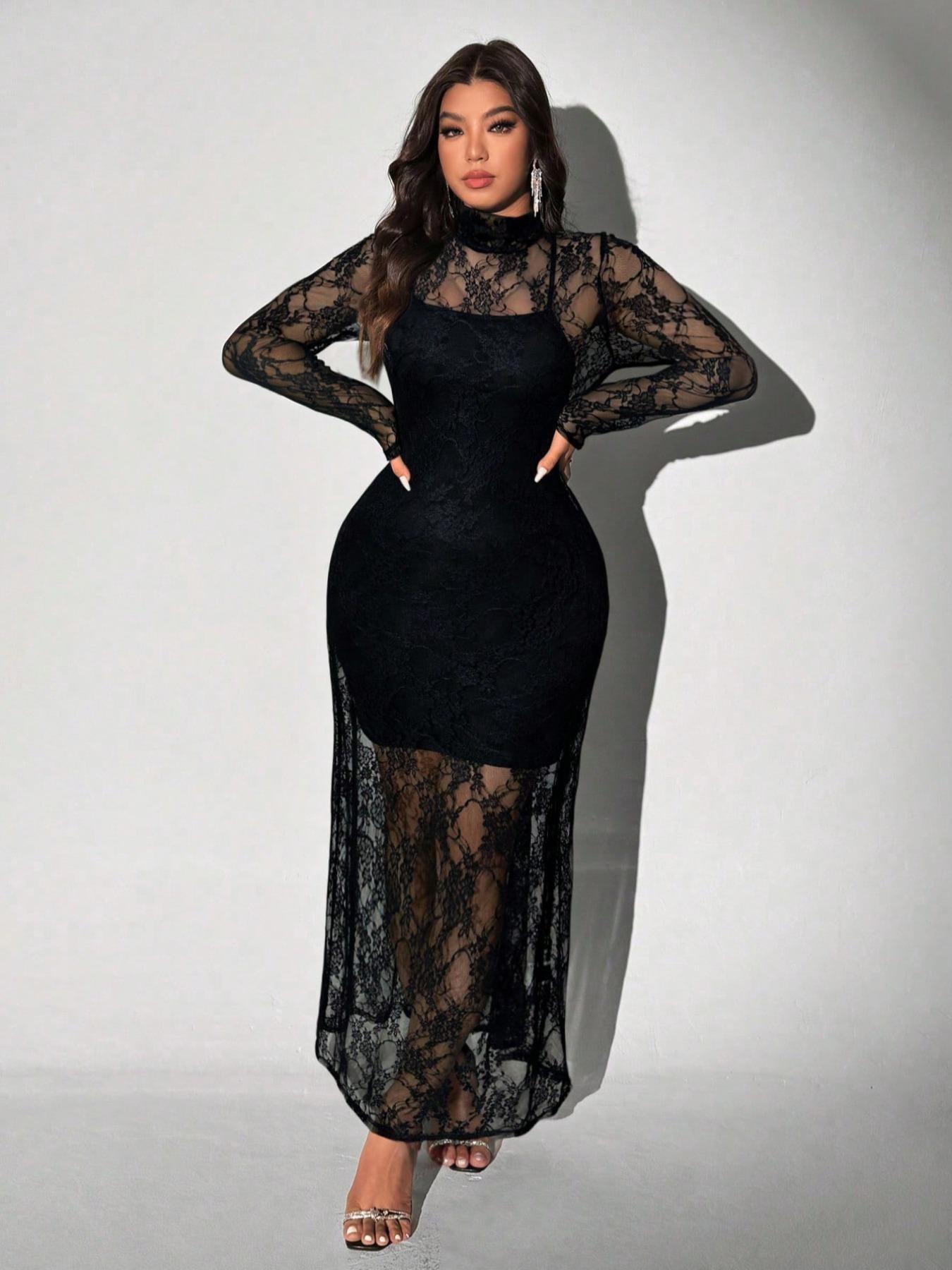 Plus Size Lace Maxi Dress, High Neck Sheer Long Sleeve Bodycon Dress, Curvy Elegant Dress for Night Out, Club and Cocktail Party