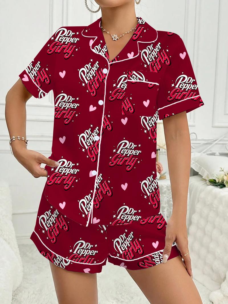 Women's Comfortable Cute Elastic Sleepwear Set, Spring Bow Tie Shirt and Pants Two-Piece, Short Sleeve Shorts, Party Wear