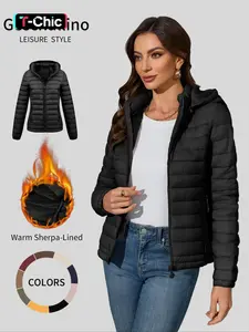 Women's Winter Cotton Solid Color Puffer Jacket, Casual Everyday Fitted Hooded Coat with Pockets and Zipper, Warm Lightweight Minimalist Commuter Outerwear for Fall & Winter