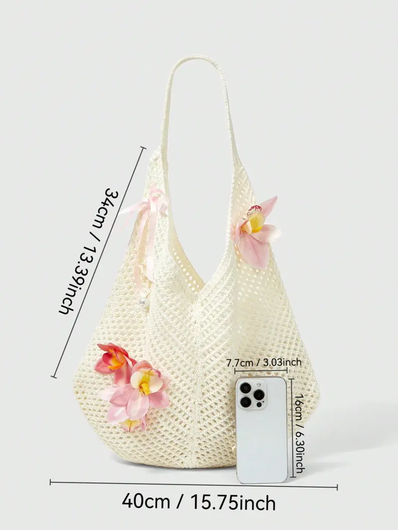 Hollow Out Knit Floral Embellished Aesthetic Tote Bag, Orchid Flower Ribbon Decoration, Large Capacity Shoulder Bag for Fall Winter Beach Vacation