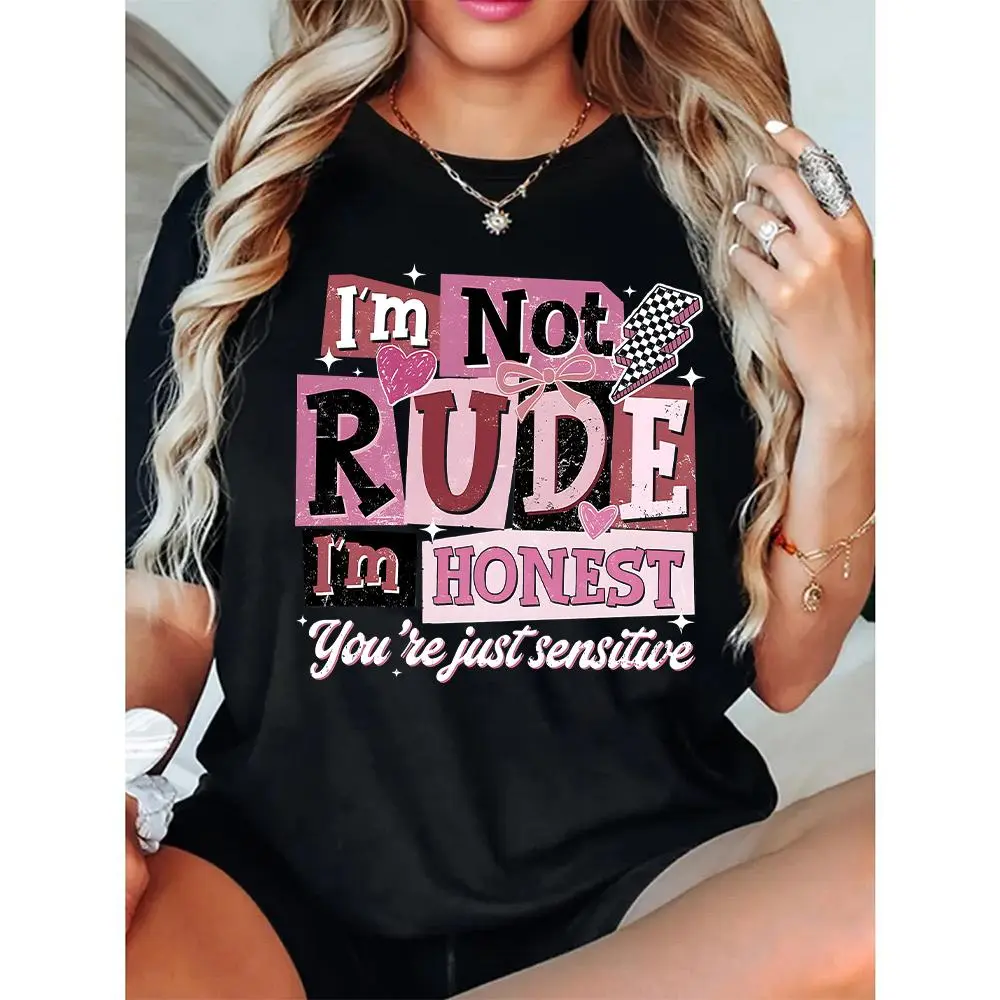 Women's Vintage Graphic T-Shirt with "I'm Not Rude, I'm Honest" Slogan, Casual Short Sleeve Loose Fit Cotton Tops, Seamless, Fabric, Solid, Elastic, Ribbed, Round Neck