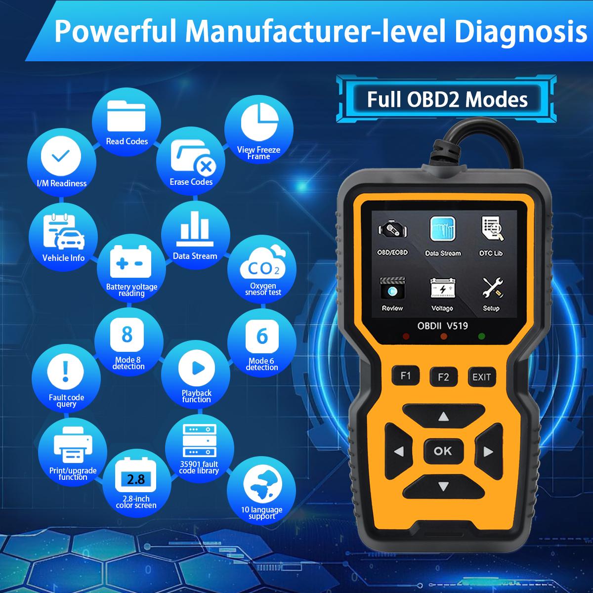Car OBD2 Scanner Diagnostic Tool Code Reader, Car Voltage Tester Engine Fault Code Scanner, Charging Tester Diagnostic Tool For OBDII Protocol Cars V519-Yellow Live Data Stream
