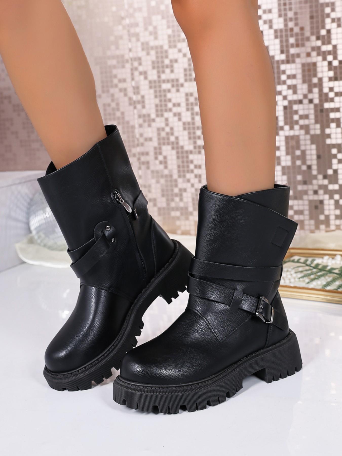 Women's Vintage PU Leather Belt Buckle Thick Sole Boots, Comfortable Anti-Slip, Fashionable Fall & Winter Shoes