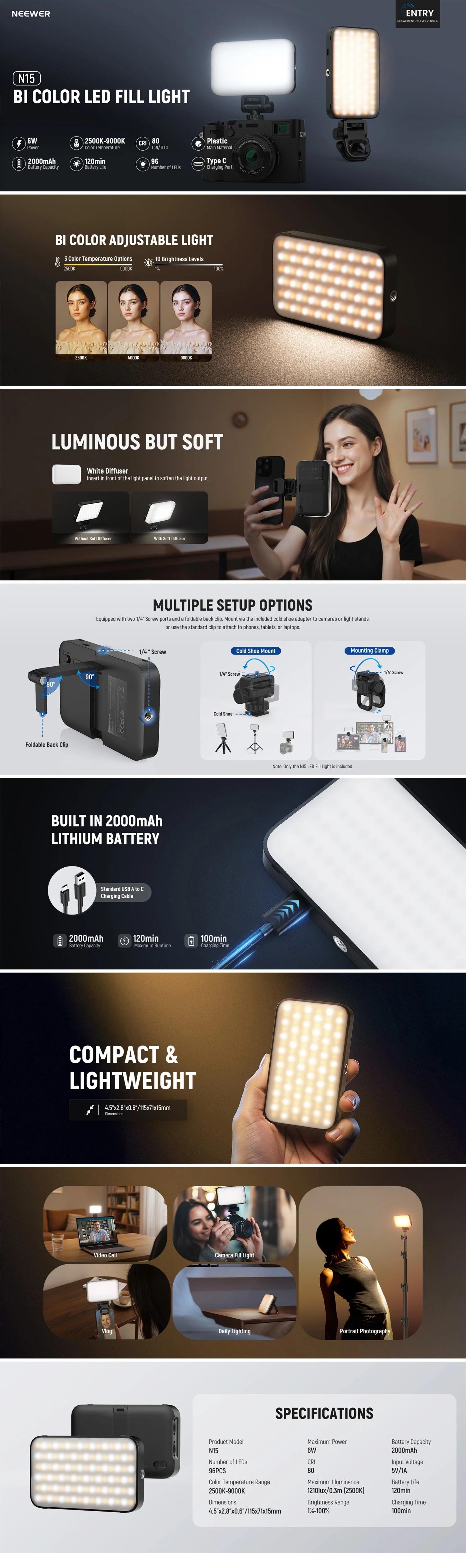 Neewer N15 Camera Light, Dual Color Temperature LED Softbox, Handheld Portable Pocket Lamp, Ideal for Live Streaming and Photography