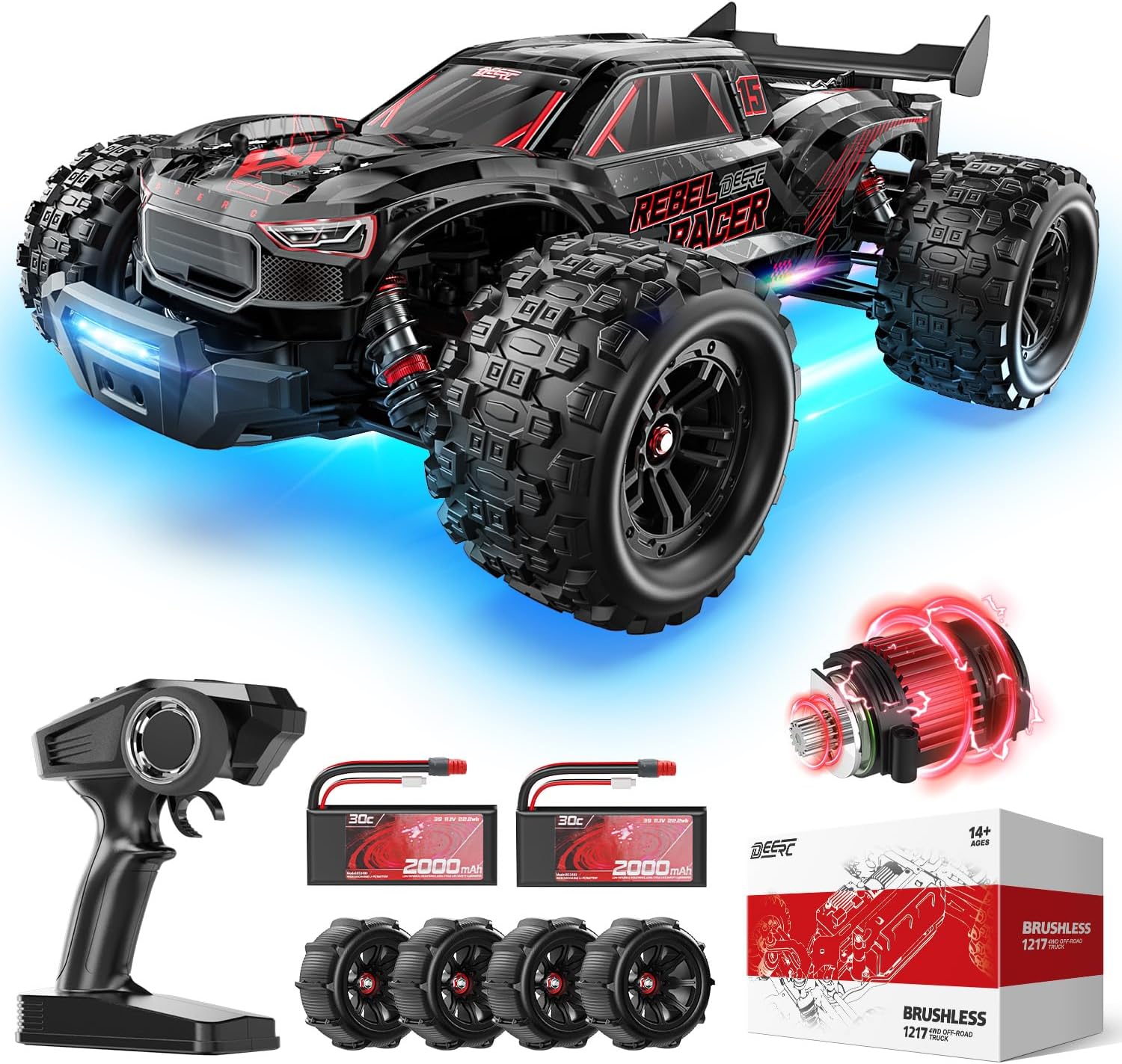 DEERC 1:14 Fast Brushless RC Car, 46+ MPH Off-Road 4WD Truck, 2*3S Lipo Waterproof High-Speed RC Truggy, 7 Lighting Modes, All-Terrain for Snow, Sand & Mud