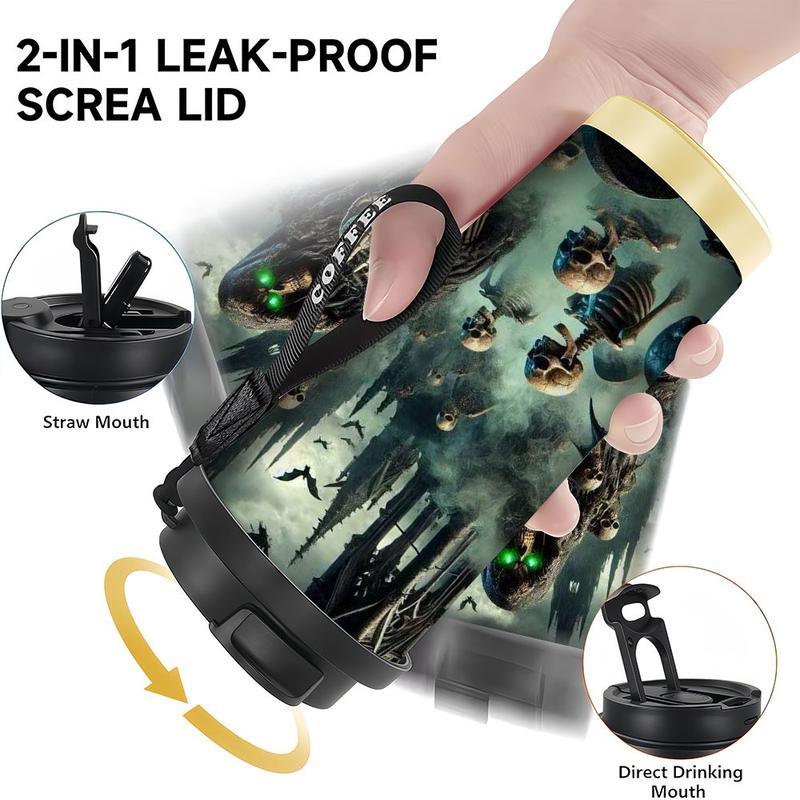 1pc 18oz Insulated Cup, Gothic Scene with Mysterious Character and Skeletal Hand, Double-Wall Design for Hot or Cold Beverages