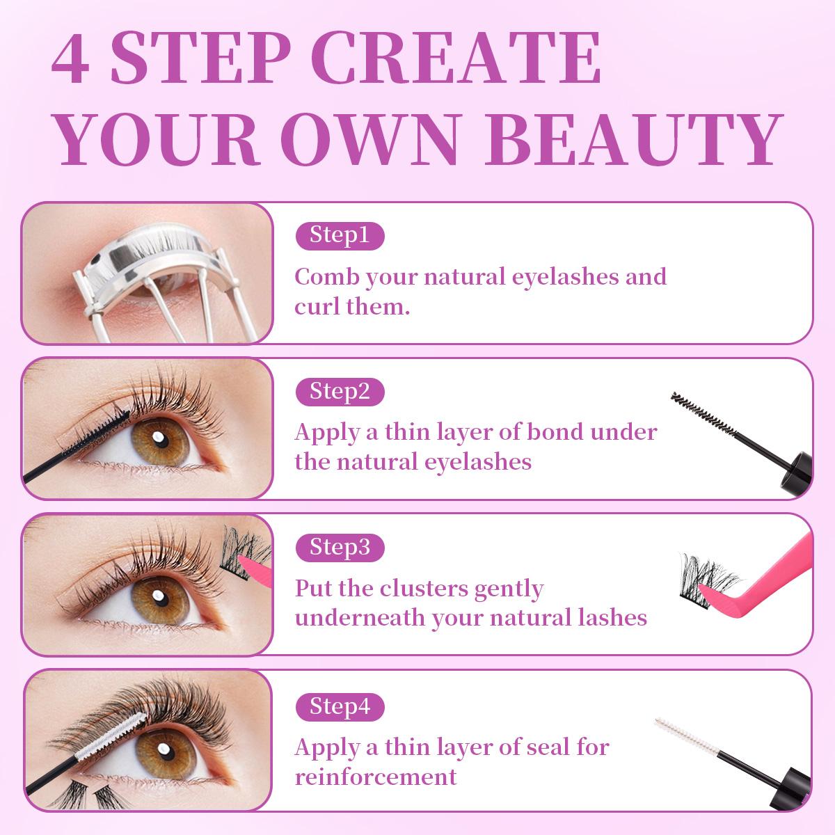 Dense Long Curly Eyelash Cluster Set, DIY Extension Kit for Beginners, Multiple Lengths, Includes Bond&Seal，Tweezers,Hair band Personal Use
