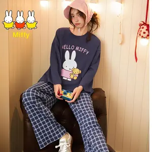 Kawaii Miffy Rabbit Pure Cotton Pajamas for Women Spring and Autumn Long-sleeved Casual and Cute Cartoon Home Wear Set Gift