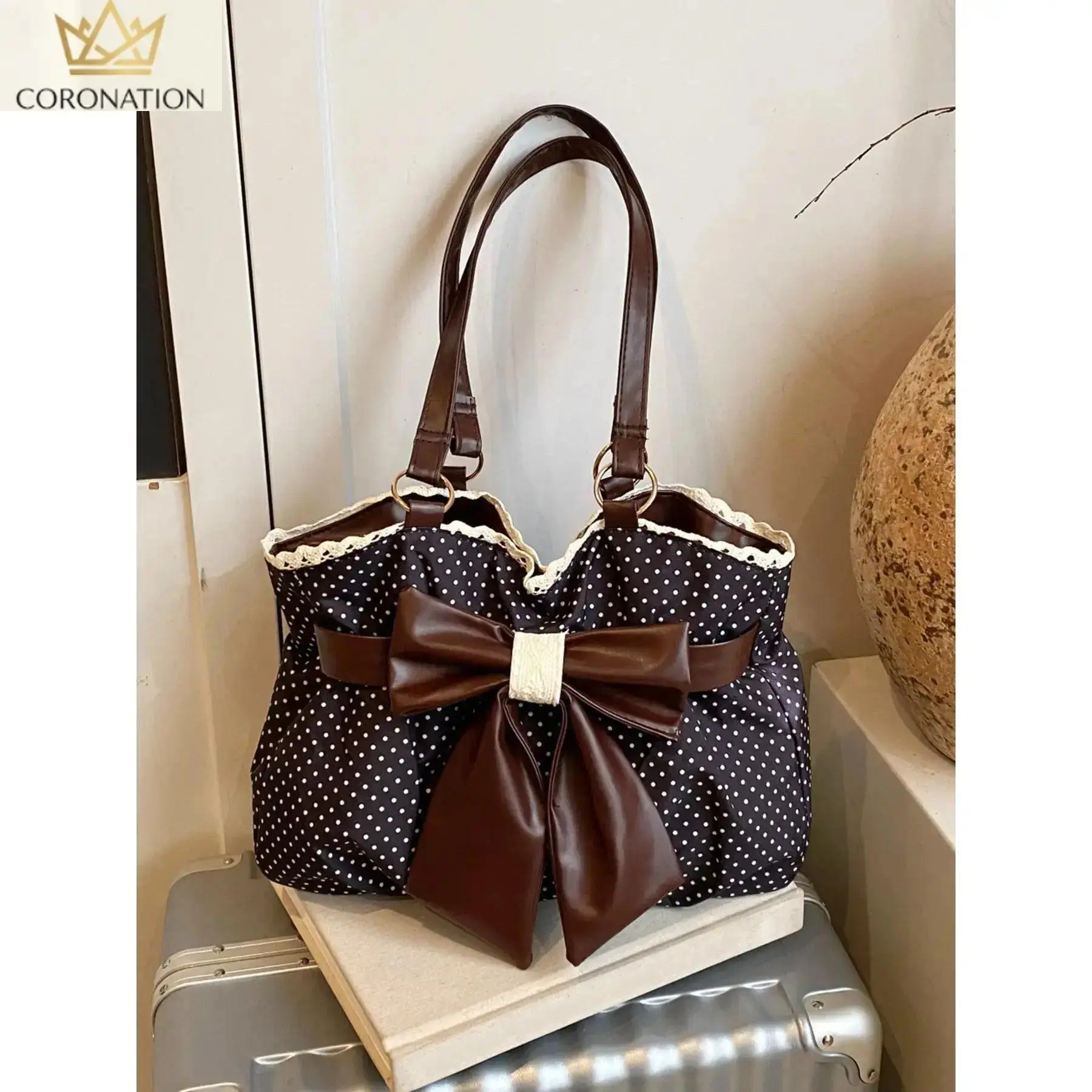 Women's Vintage Polka Dot Outdoor Tote Bag - Aesthetic Coquette Bow Shoulder Purse with Lace Trim, Textured Design, Large Capacity, Lightweight Cottagecore Carryall for Daily Outfits, Travel, Outfits For Women