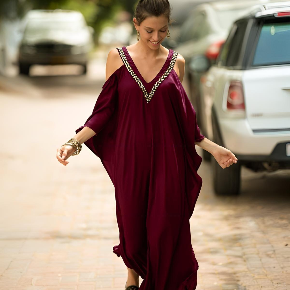 Bsubseach Cold Shoulder Kaftan Dresses Swimsuit Cover Up Maxi Dress Beach Cover Ups Boho Caftan Modern