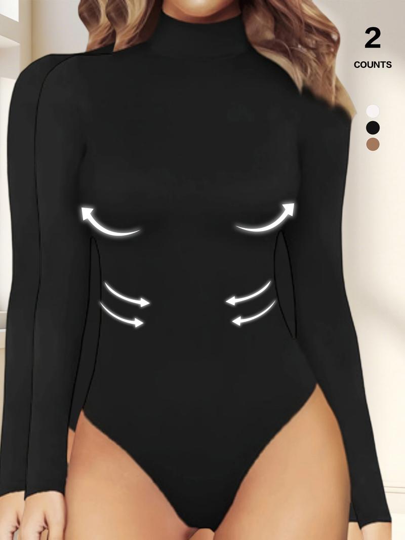 Women's Tummy Control Mock Neck Bodysuit, Long Sleeve Stretchy Slim Fit Jumpsuit, Elegant Body Shaper Top, Casual Lounge Leotard