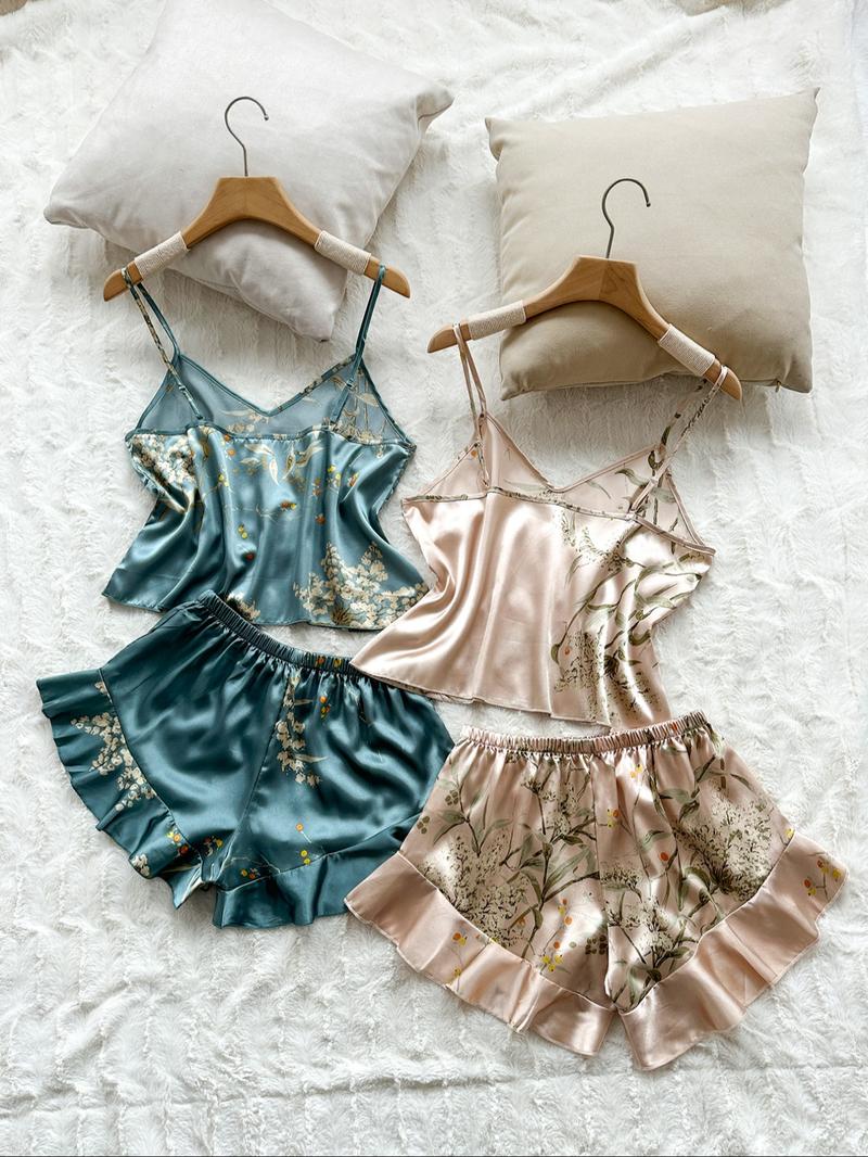 Women's Floral Print Cami Top & Ruffle Trim Shorts Satin Pyjama Set, Summer Outfits 2024, Casual Comfort Camisole & Elastic Waist Shorts PJ Set, Summer Clothes, Sleepwear Set for Women