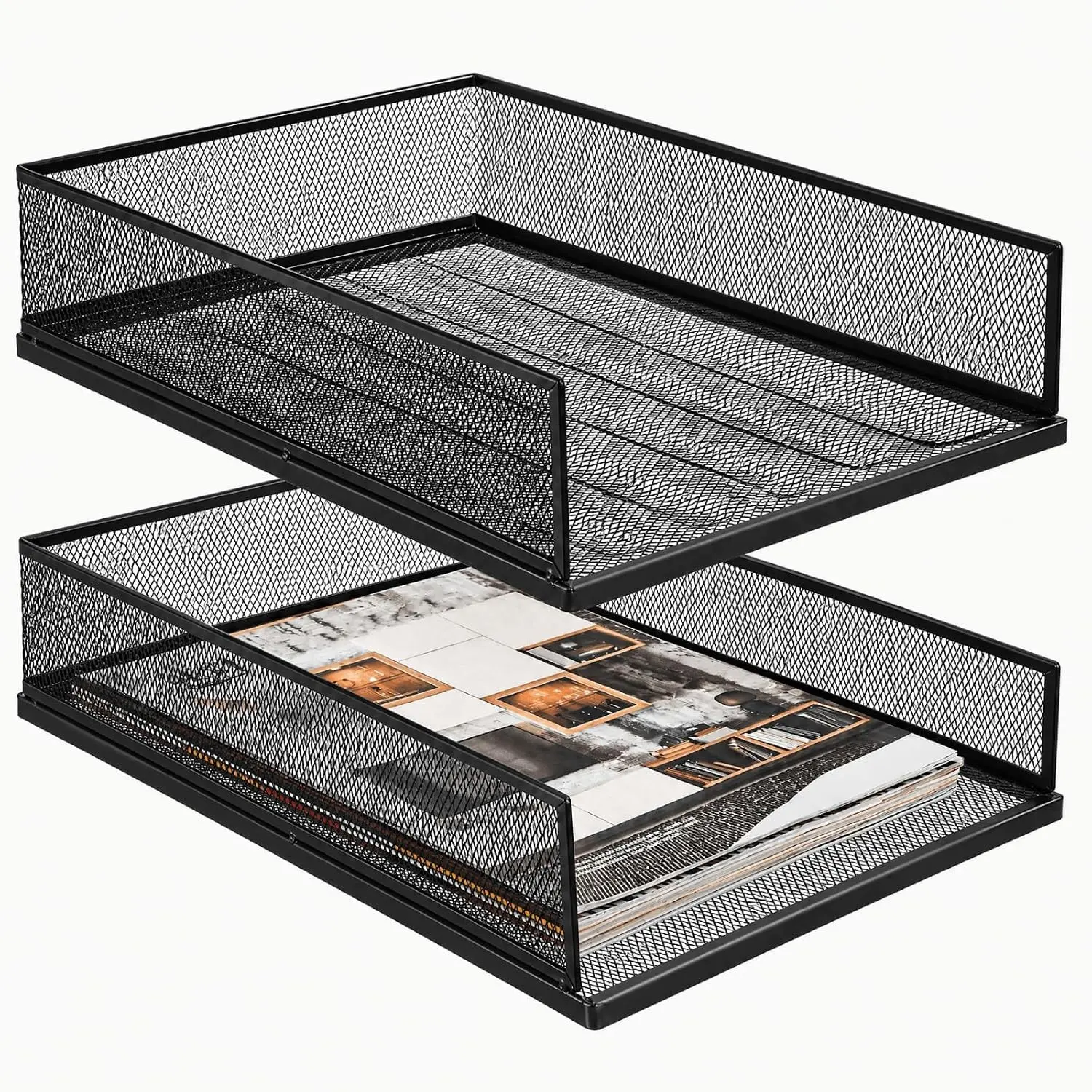 2 Pack Wire Mesh Letter Trays 12.8"x10"x2.9", Stackable Paper Tray Organizer for Desk, Metal Desk Magazine File Holder for Home, Office, School