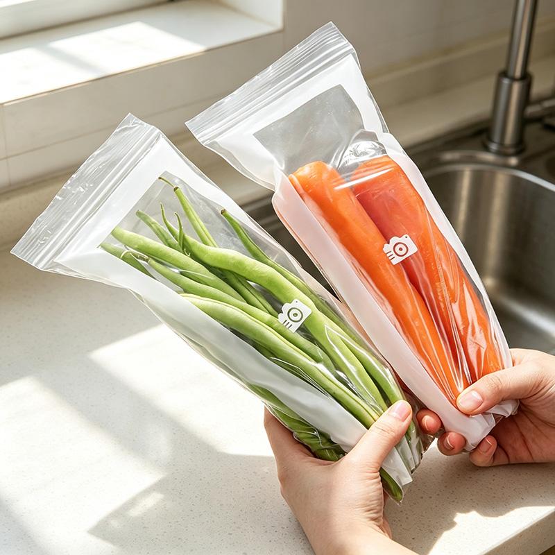 50pcs Grade PE Plastic Long Strip Storage Bags with Snap Buttons - Airtight Seal Kitchen Preserving Containers, Disposable Durable Transparent, Space-Saving for Refrigerator Fruits, Meat