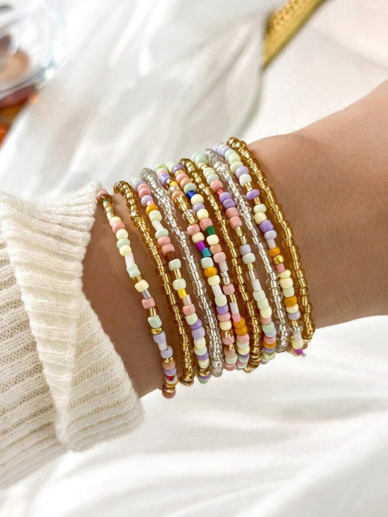 Boho Style Colorful Crystal Glass Beaded Elastic Bracelets Set, Dainty Crystal Bracelet, Fashion Simple Women Party Vacation Layered Stackable Bracelet