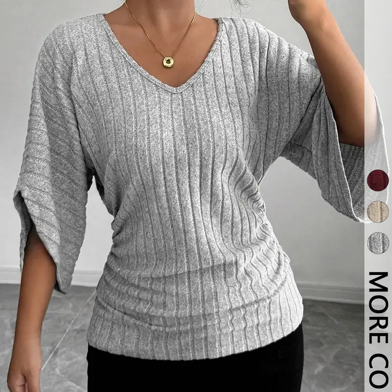 Women's 1pc Solid Color Ribbed Batwing Sleeve V-Neck Basic Fitted Tee, Soft Stretchy Elastic Knit Fabric, Relaxed Silhouette and Curved Hem Detail Batwing Top, Casual, Spring, Knitwear, Casual Fashion Knitwear
